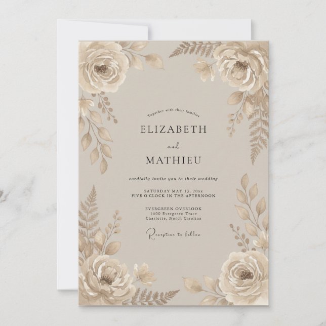 Invitation Mariage Champagne Taupe Feuillage Eucalyptus (Devant)