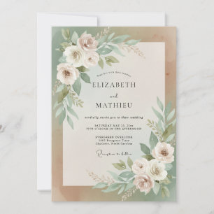 Invitation Mariage Champagne Taupe Feuillage Eucalyptus Doux