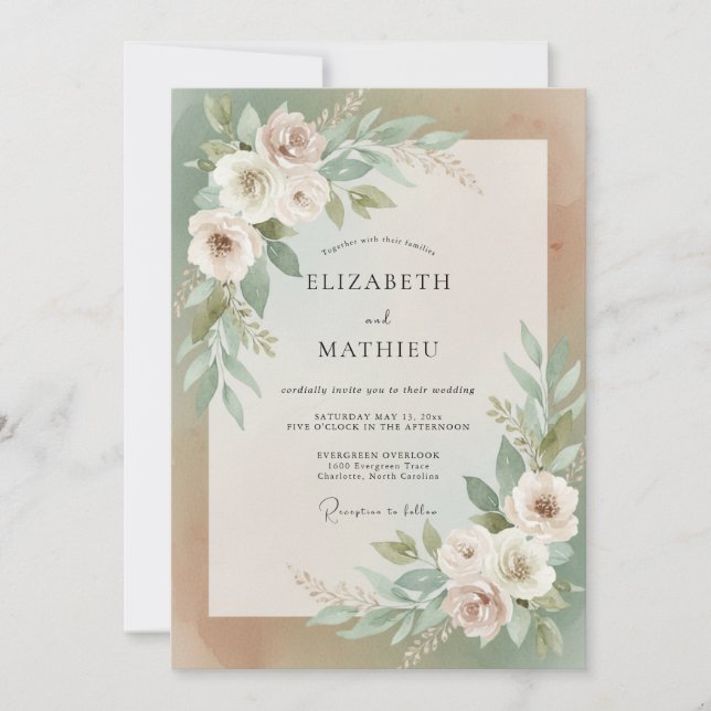 Invitation Mariage Champagne Taupe Feuillage Eucalyptus Doux (Devant)