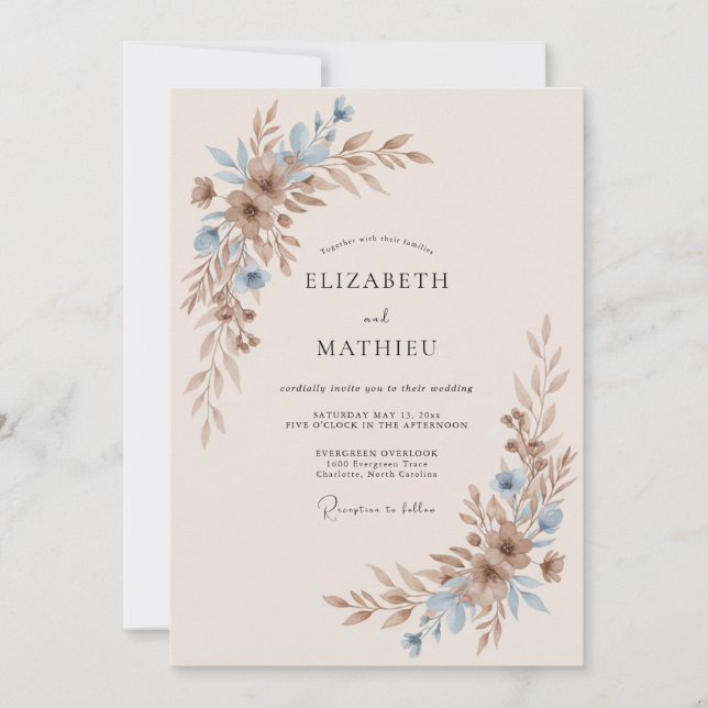 Invitation Mariage Champagné Taupe Feuillu (Devant)
