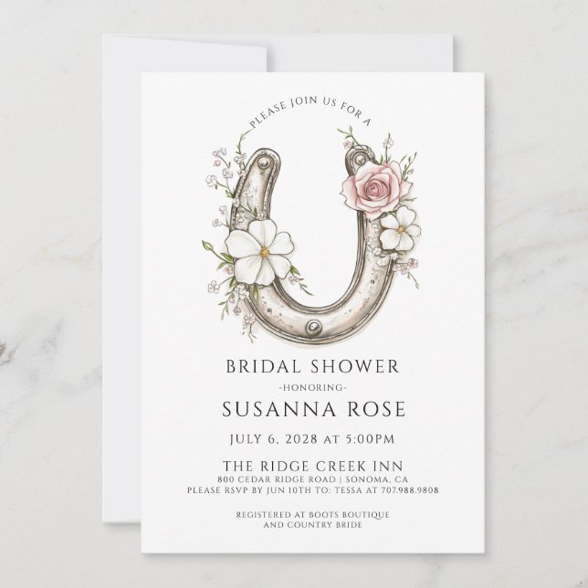Invitation Mariage Champêtre à l'aquarelle avec un fer à chev (Devant)
