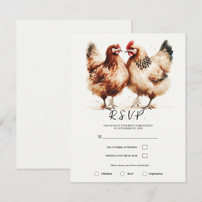 Invitation Mariage Champêtre à l'Aquarelle Poulets Bruns (Devant / Derrière)