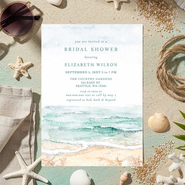 Invitation Mariage champêtre à l'aquarelle sur le thème de la (Rustic Watercolor Beach Bridal Shower Invitation)