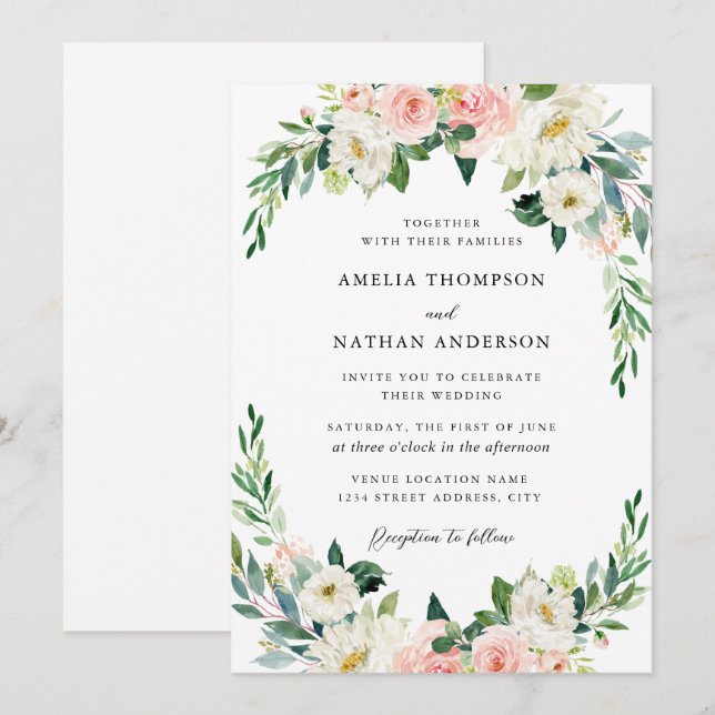Invitation Mariage Champêtre à l'Arche Florale Rose (Devant / Derrière)