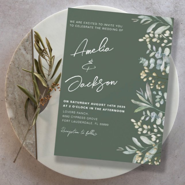 Invitation Mariage champêtre aquarelle eucalyptus verdure (Créateur téléchargé)