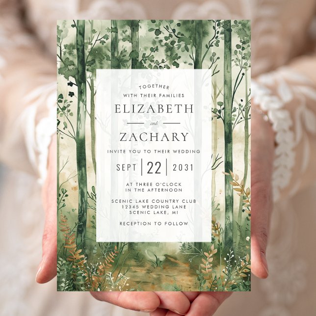 Invitation Mariage champêtre aquarelle verte or forêt (Créateur téléchargé)