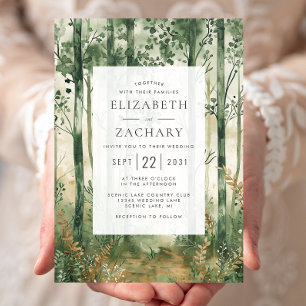 Invitation Mariage champêtre aquarelle verte or forêt