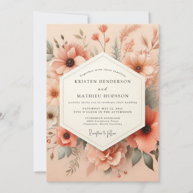 Invitation Mariage Champêtre Artistique aux Pêches (Devant)