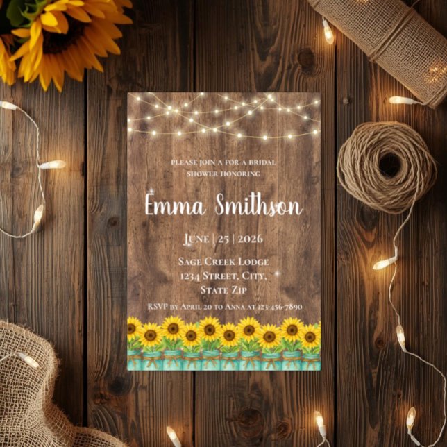 Invitation Mariage champêtre au tournesol et au pot de grès (Rustic sunflower & mason jar bridal shower invitations. Perfect for your charming country barn weddi)