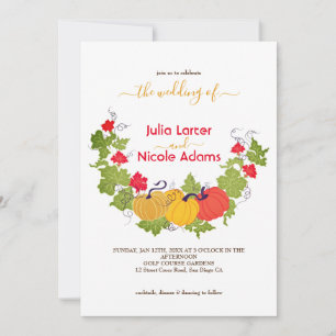 Invitation Mariage champêtre automnal aux citrouilles et fleu