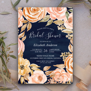 Invitation Mariage Champêtre Automnal Terreux Floral Bleu Nui