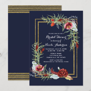 Invitation Mariage Champêtre Automne Marsala Floral Navy Or
