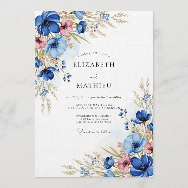 Invitation Mariage Champêtre aux Fleurs Bleues (Devant)