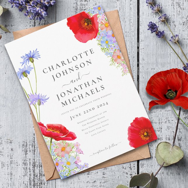 Invitation Mariage Champêtre aux Fleurs Colorées Modernes (Modern colorful wildflower wedding invitation with red poppy )