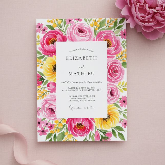 Invitation Mariage Champêtre aux Fleurs Roses (Créateur téléchargé)