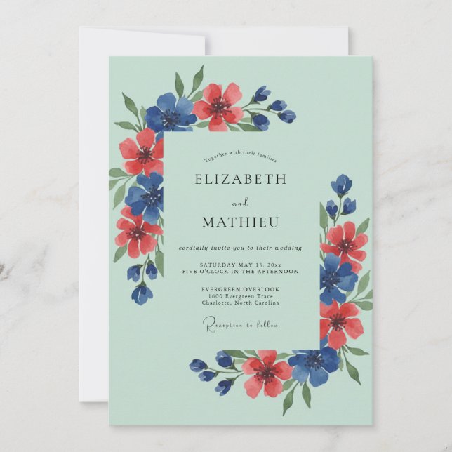 Invitation Mariage Champêtre aux Fleurs Sauvages Vert Menthe (Devant)