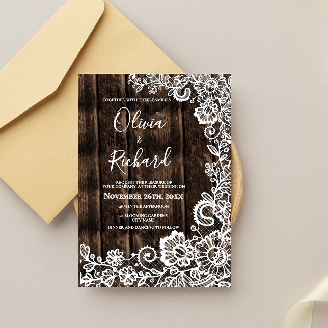 Invitation Mariage Champêtre avec Bois Rustique et Dentelle B (Rustic Wood and White Lace Floral Wedding Invitation)