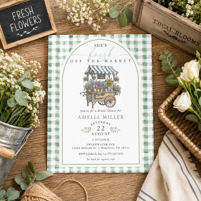 Invitation Mariage champêtre avec gingham vert, la mariée fra (Green Gingham Fresh Off The Market Bridal Shower Invitation)