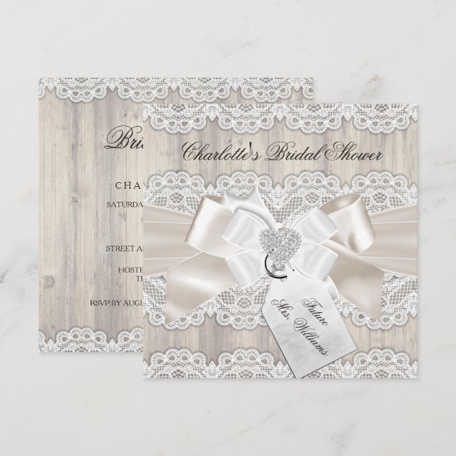 Invitation Mariage champêtre avec nœud en dentelle vintage (Devant / Derrière)
