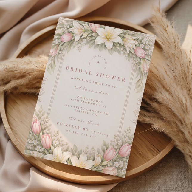 Invitation Mariage champêtre avec tulipes roses et lis (Créateur téléchargé)