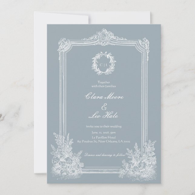 Invitation Mariage Champêtre Bleu Ardoise à la Française (Devant)