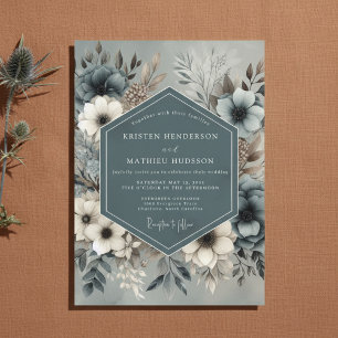 Invitation Mariage Champêtre Bleu Ardoise Floral