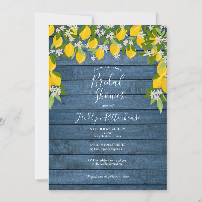 Invitation Mariage Champêtre Bleu avec Citron et Verdure (Devant)