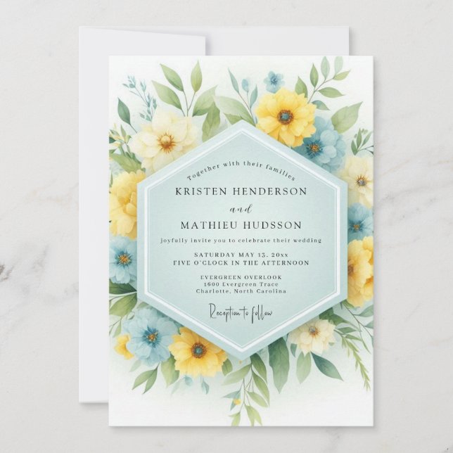 Invitation Mariage Champêtre Bleu Ciel et Jaune (Devant)