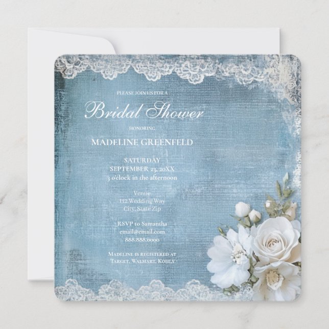 Invitation Mariage Champêtre Bleu Floral Shower de Mariée (Devant)