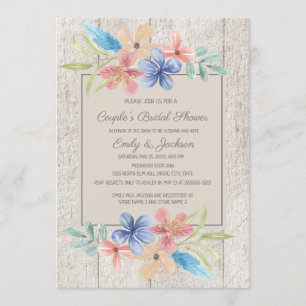 Invitation Mariage Champêtre Bois Rose Bleu Floral Couple Sho