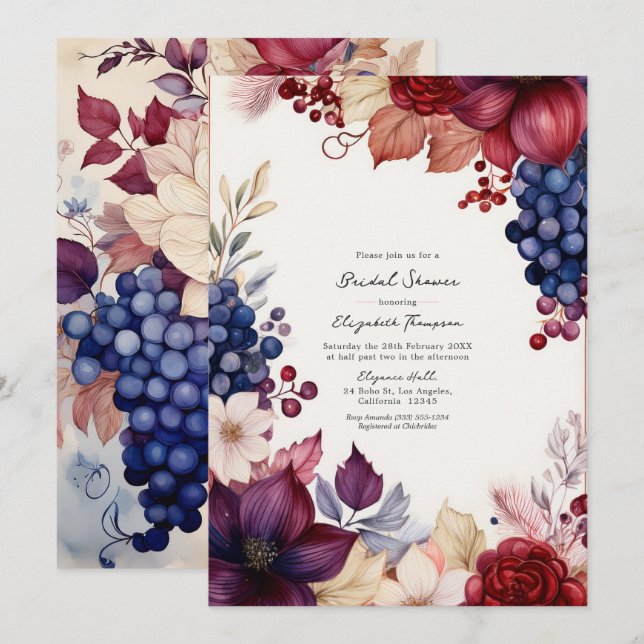 Invitation Mariage Champêtre Bourguignon, Nuit et Rose (Devant / Derrière)