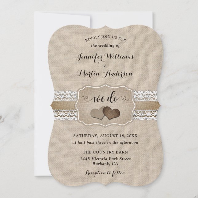 Invitation Mariage Champêtre Burlap et Dentelle Coeurs (Devant)