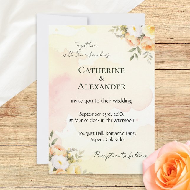 Invitation Mariage Champêtre Chic à l'Aquarelle Florale (A pretty wedding invitation template with rustic peach, white and yellow roses in a watercolor style)