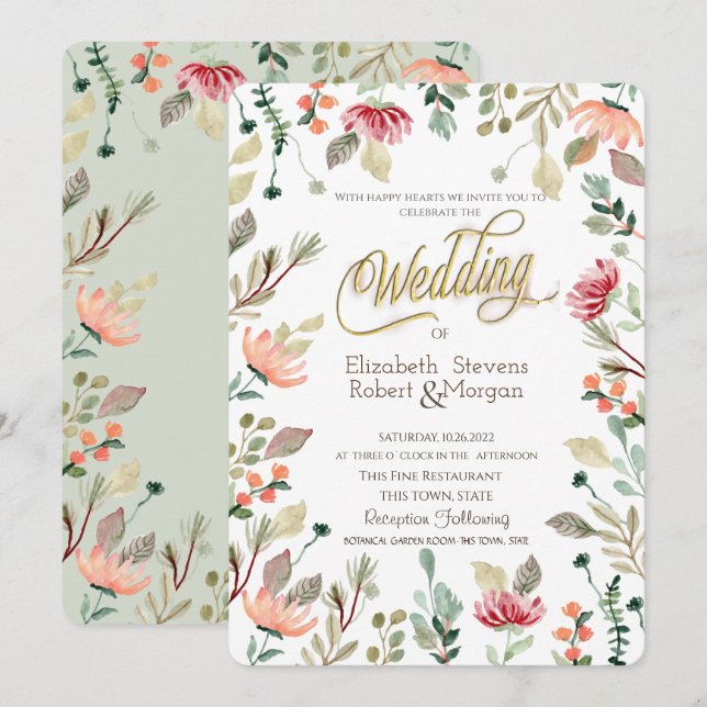 Invitation Mariage champêtre chic aux fleurs sauvages (Devant / Derrière)