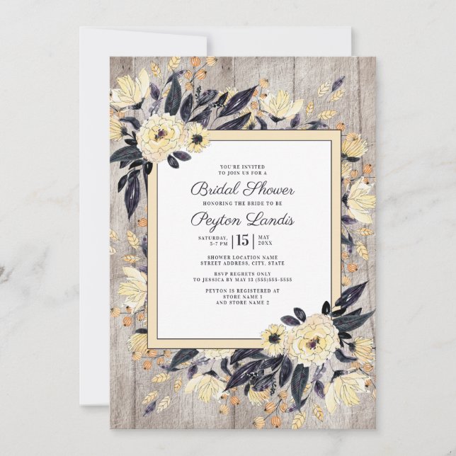 Invitation Mariage Champêtre Crème Fleurs Bleu Nuit (Devant)