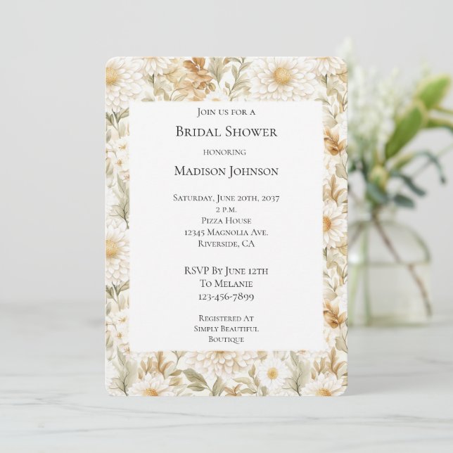 Invitation Mariage Champêtre Crème Or Blanc Fleurs (Debout devant)