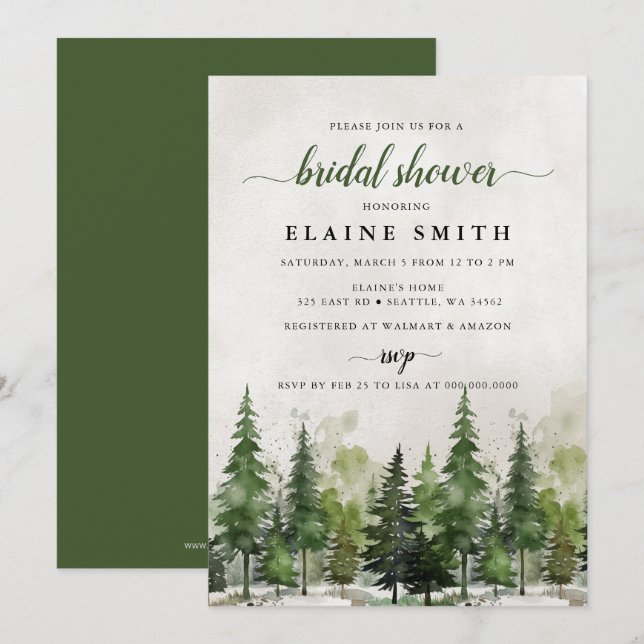 Invitation Mariage champêtre dans une forêt de pins aquarelle (Devant / Derrière)