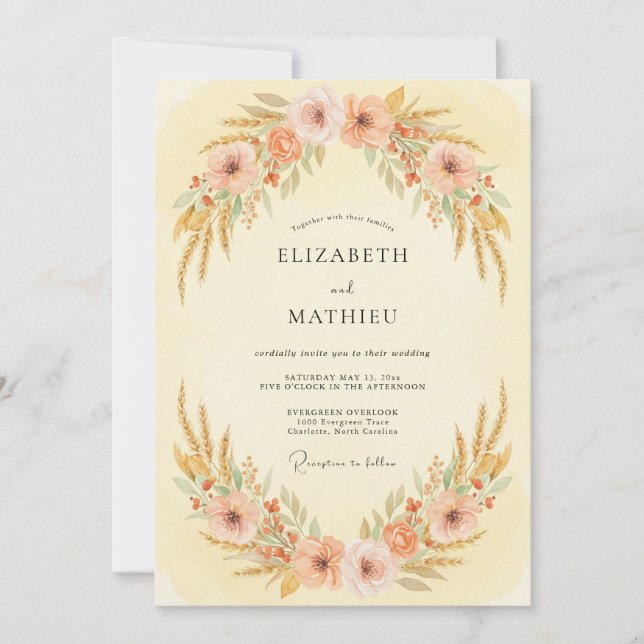 Invitation Mariage Champêtre de Blé Rustique aux Pêches (Devant)