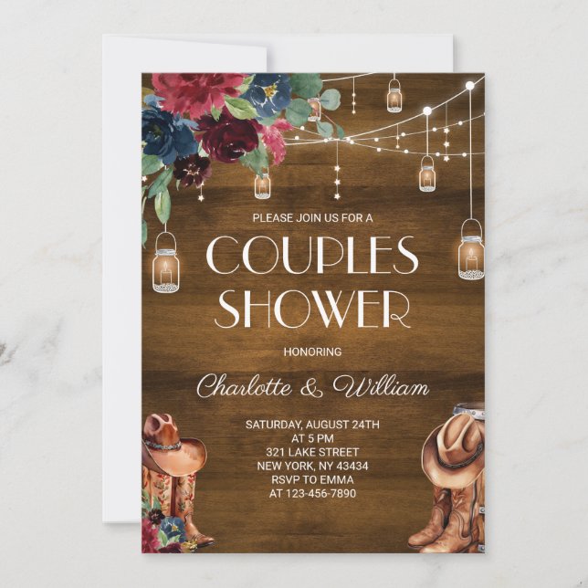 Invitation Mariage champêtre de couple occidental avec fleurs (Devant)