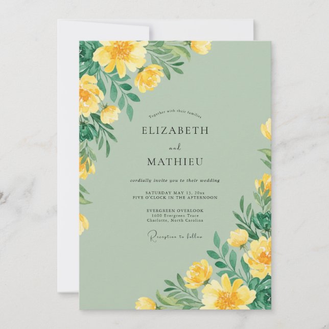 Invitation Mariage Champêtre de Menthe Jaune Fleur Sauvage (Devant)
