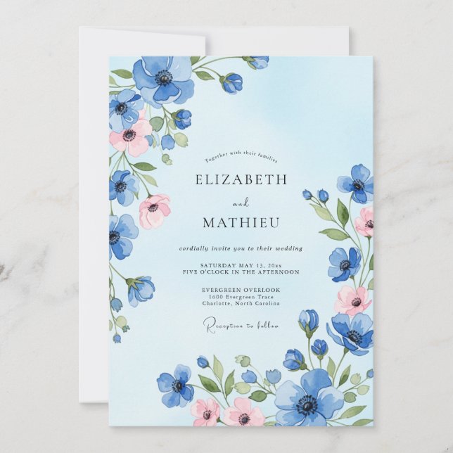 Invitation Mariage Champêtre Délicat Bleu Clair (Devant)