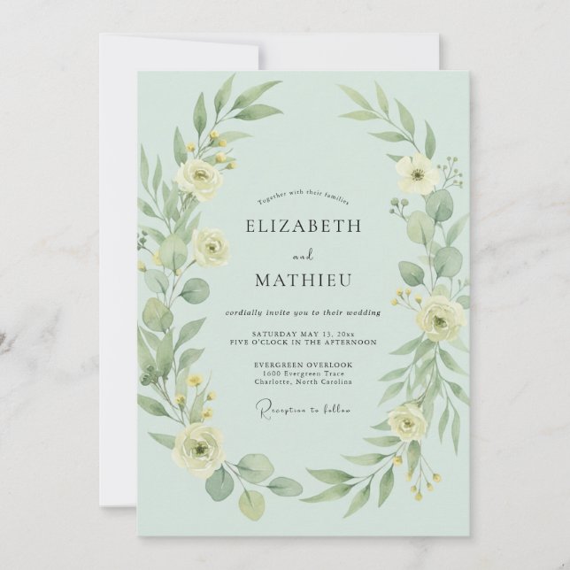 Invitation Mariage Champêtre Délicat Vert Menthe (Devant)