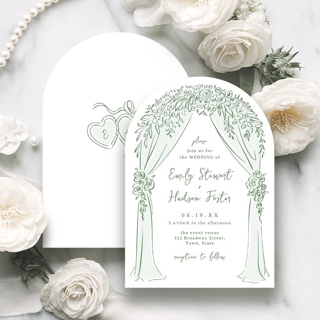 Invitation Mariage Champêtre Dessiné à la Main avec une Arche (Sage Hand Drawn Floral Arch Whimsical Wedding Invitation)