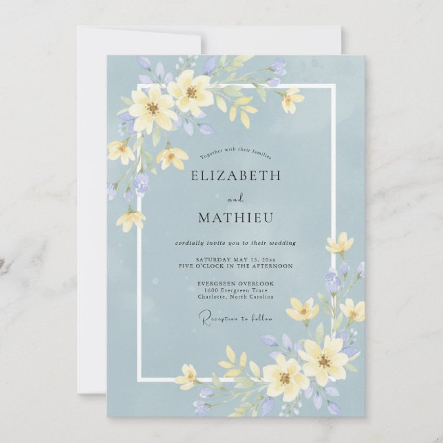 Invitation Mariage Champêtre Douce Fleur Sauvage Bleu Poussié (Devant)