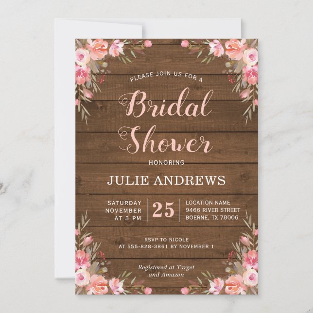 Invitation Mariage Champêtre Élégant Fleurs Roses Bois Rustiq (Devant)