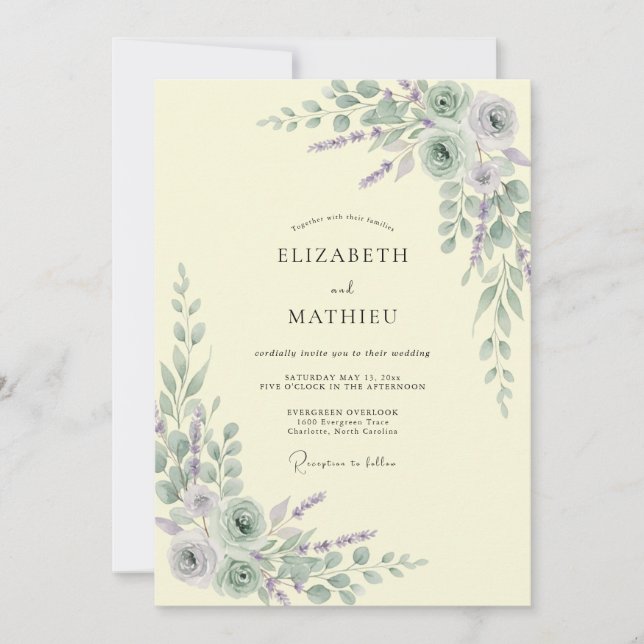 Invitation Mariage Champêtre Élégant Vert Sauge (Devant)