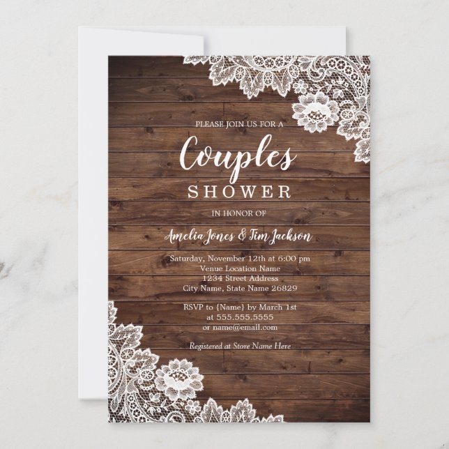 Invitation Mariage Champêtre en Bois de Dentelle pour Couples (Devant)