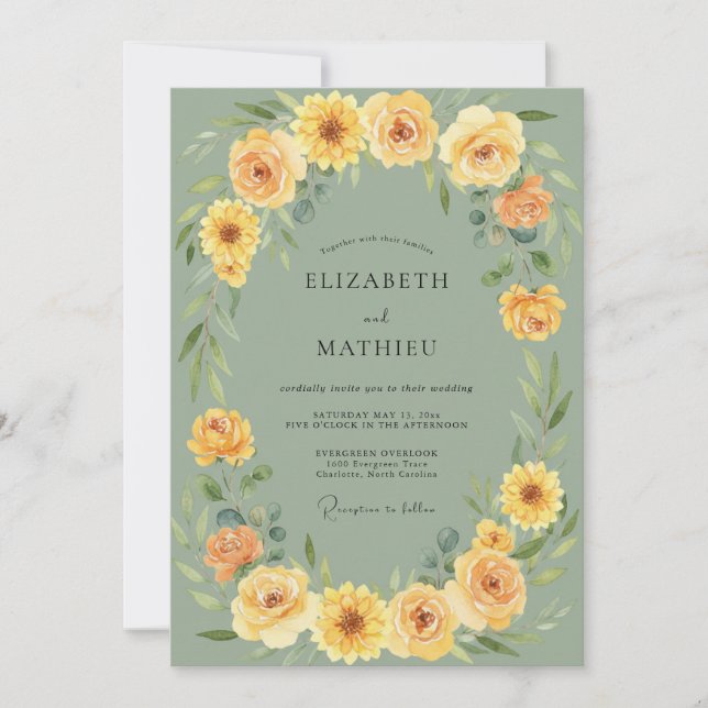 Invitation Mariage Champêtre Ensoleillé Vert Sauge (Devant)