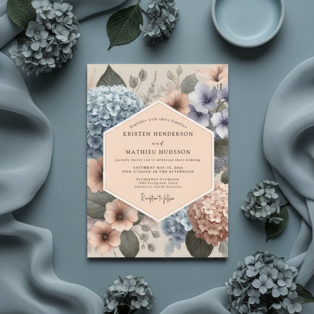 Invitation Mariage Champêtre Fleur Bleu Poussière (Créateur téléchargé)