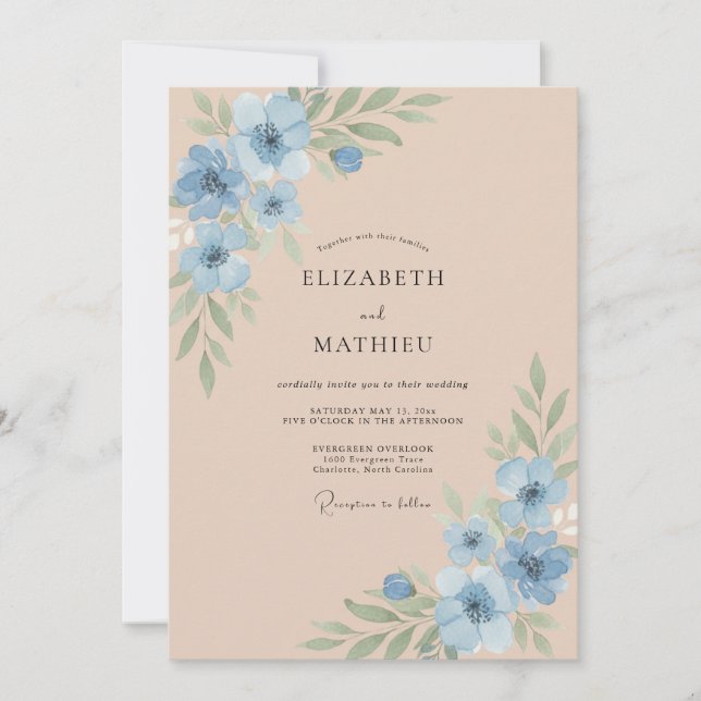 Invitation Mariage Champêtre Fleur de Bleuet et Champagne (Devant)